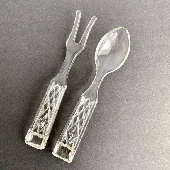 Vintage Clear Glass Salad Serving Spoon Fork Set - Picture 1 of 5